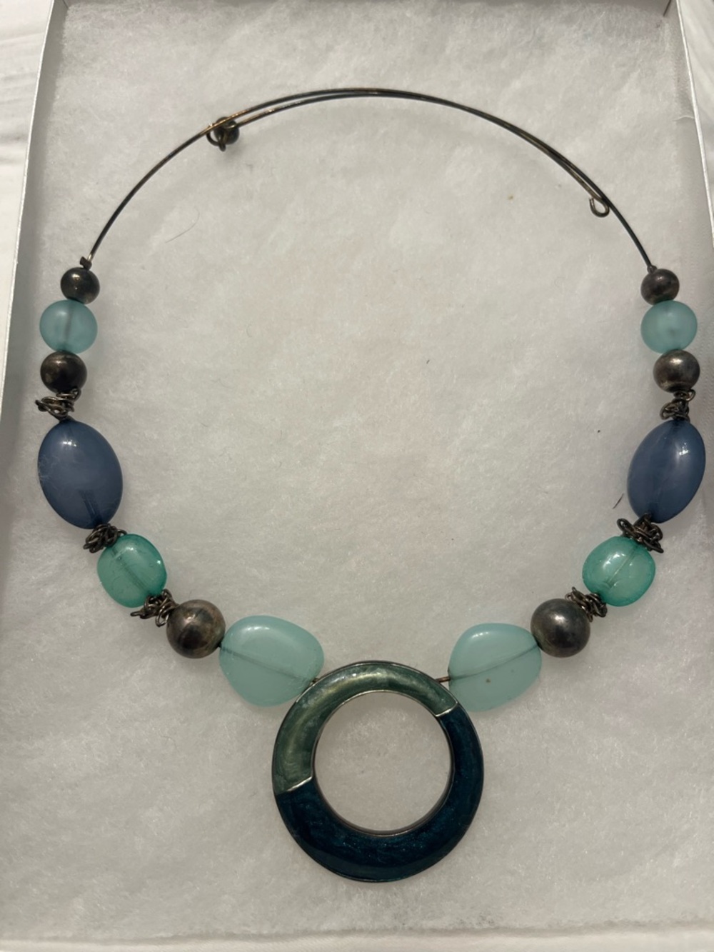 Blue Green Beaded Circle Pendant Necklace